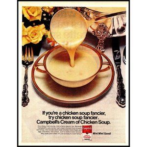 1971 Campbell's Cream of Chicken Soup Vintage Print Ad Yellow Roses Wall Art